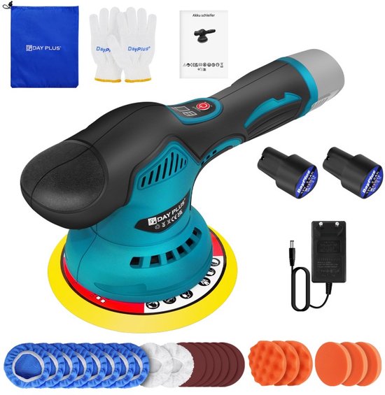 Accupolijstmachine met oplader, 2 accu's, handschoenen, blauwe tas en diverse polijstpads.