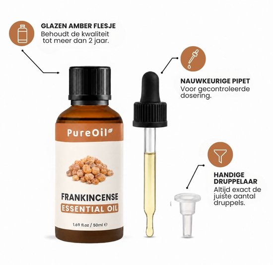 Flesje PureOil Frankincense essentiële olie met amberkleurig glas, druppelaar en doseerhulp.