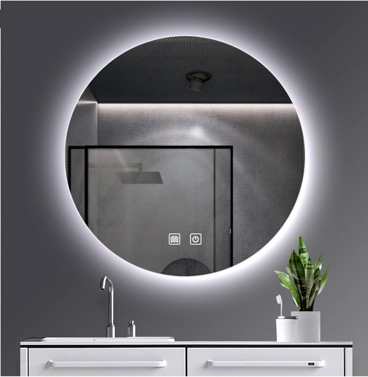 Zimmer LED Badkamerspiegel Rond Ø 60 cm – Dimbare LED Verlichting – Anticondensfunctie – Touchbediening – Energiezuinig – Design Spiegel