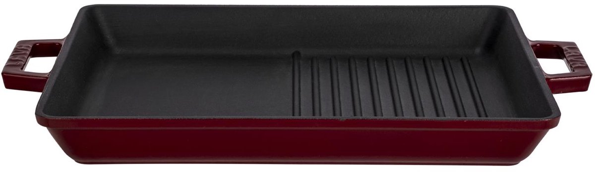Lava - Duo Grillpan - Geëmailleerd Gietijzer - 26 x 32 cm - Geribbeld en Glad - Bordeauxrood