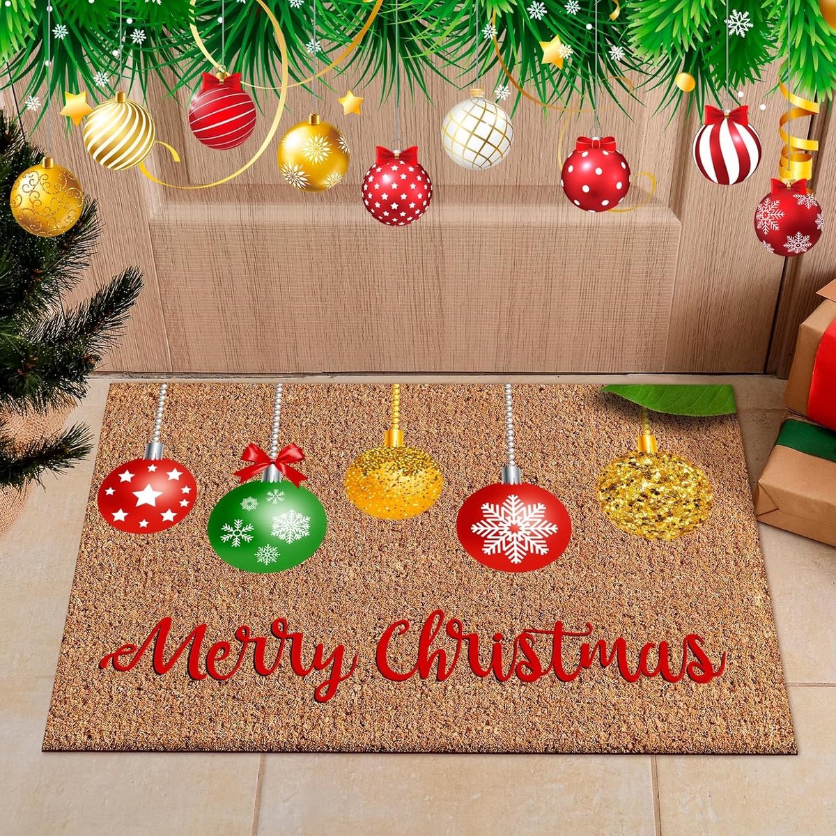Kerst Deurmat - Kokosmat Voordeur - Seizoensdecoratie - Antislip Bodem - 61 x 40 cm - Kers