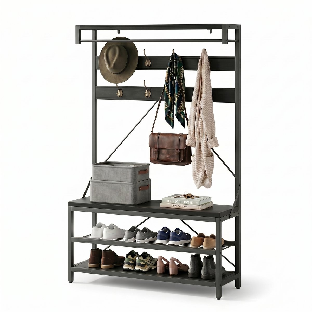 Aiverig® Kapstok met Schoenenrek – Zwart – Halmeubel & Garderoberek met Zitbank – Industriële Staande Kapstok met 8 Haken & 2 Schoenenplanken – Voor Hal & Entree – Zwart Hout & Metaal – 102×40×183 CM