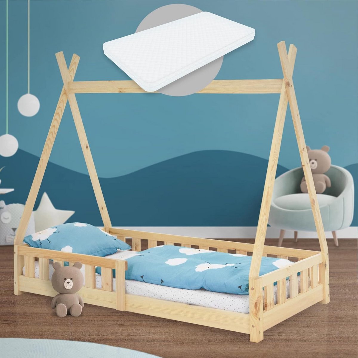 Kinderbed tipi - Huisbed speelbed - Dromen en spelen - Inclusief matras - 80x160 cm - Naturel