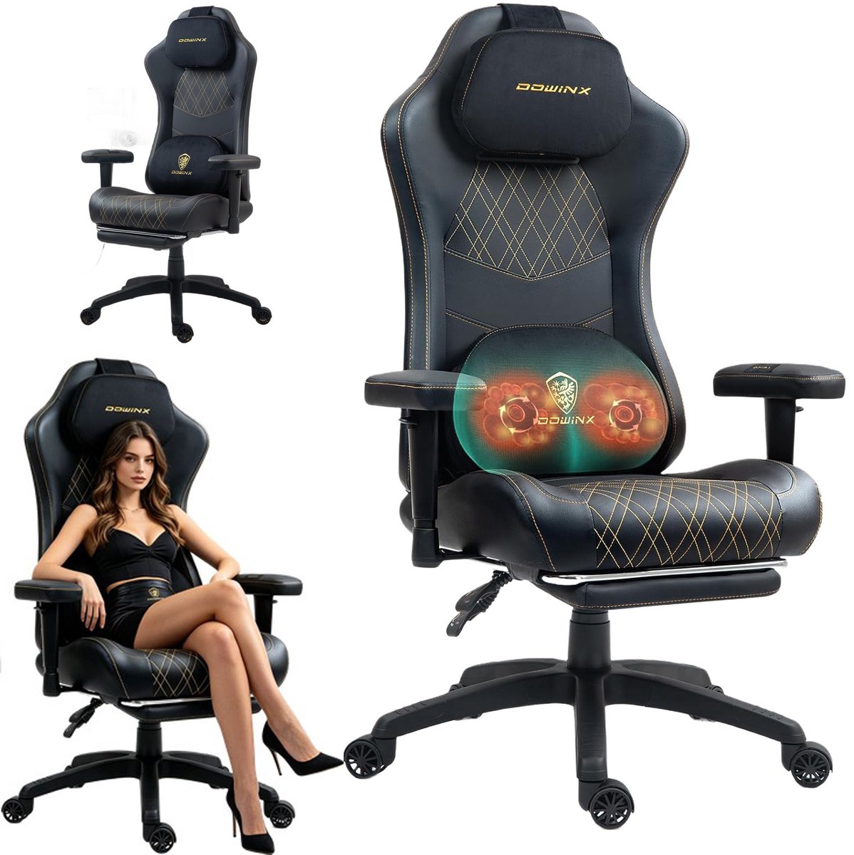 Dowinx - Ergonomisch - Gamingstoel/Bureaustoel - Massage, verwarming, pocketvering, voetensteun - Zwart/Goud