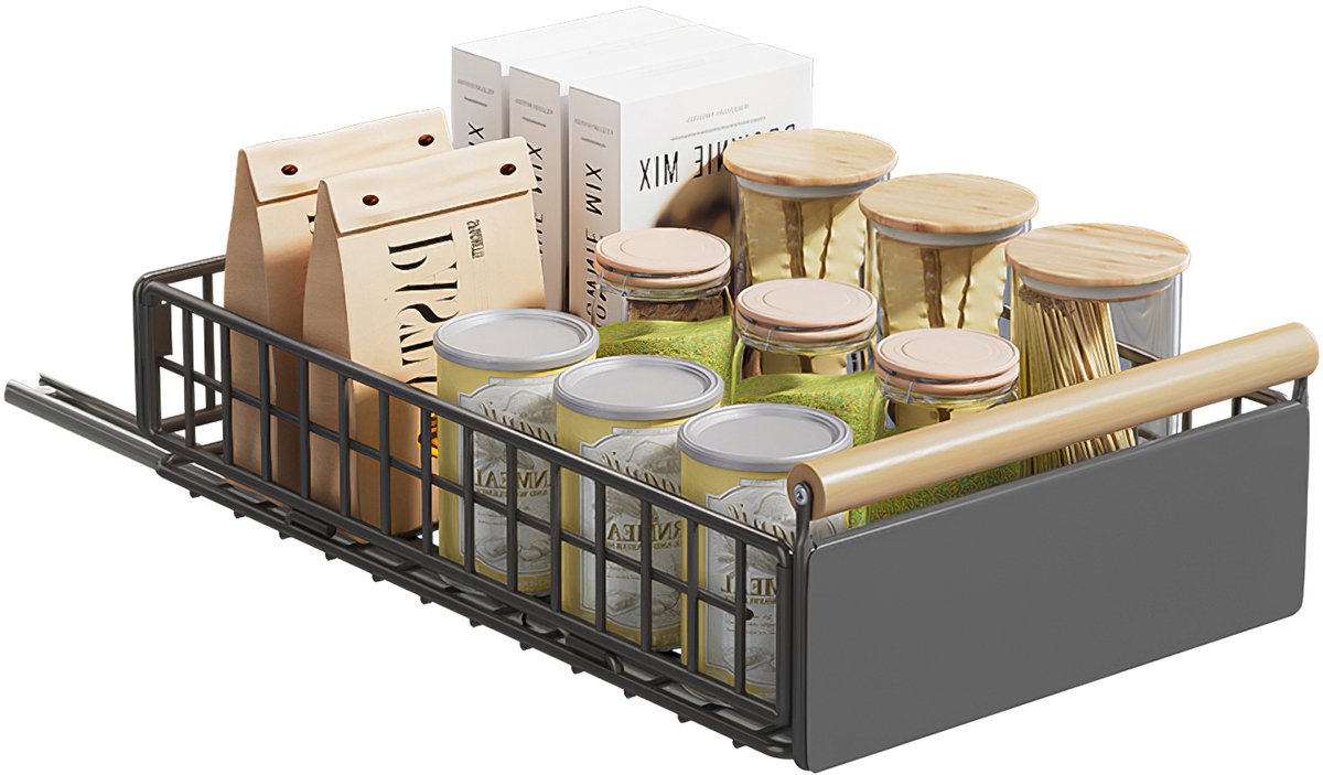 Lemlit Uitschuifbare Kastlade 39,5 x 23,5 x 11 cm - Keukenkast Organizer Zonder Boren - Telescoop Lade met Houten Handgreep voor Keuken Badkamer - Grijs