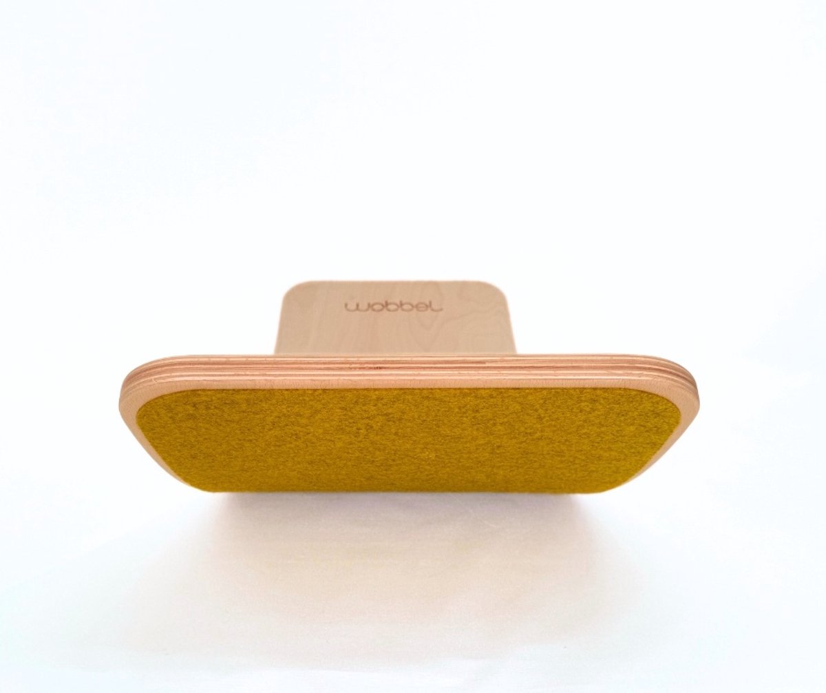 Wobbel XL Balansbord Volwassenen & Tieners (12+) - Houten Balance Board Yoga & Balanstraining - Wolvilt Kurkuma (Okergeel) - FSC Beukenhout - 115 cm - Het Origineel Sinds 2015