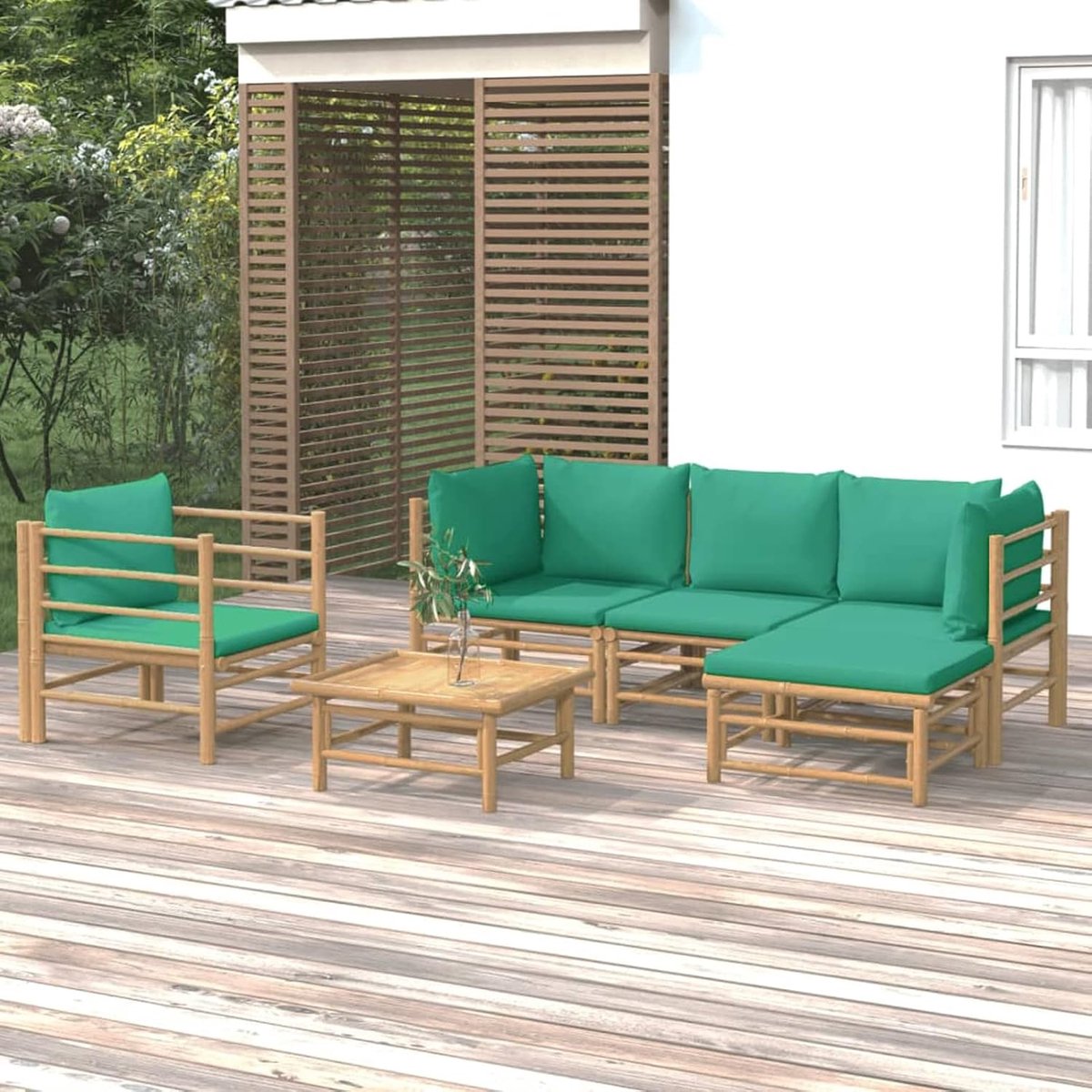 BambooLuxe Natura 6-delige Tuinlounge Set met Kussens – Modulaire Rotan Look Buitenbank Set met Tafel en Hocker 68 x 59 x 38 cm – 6-in-1 Tuinmeubelen voor Terras en Tuin – Groen