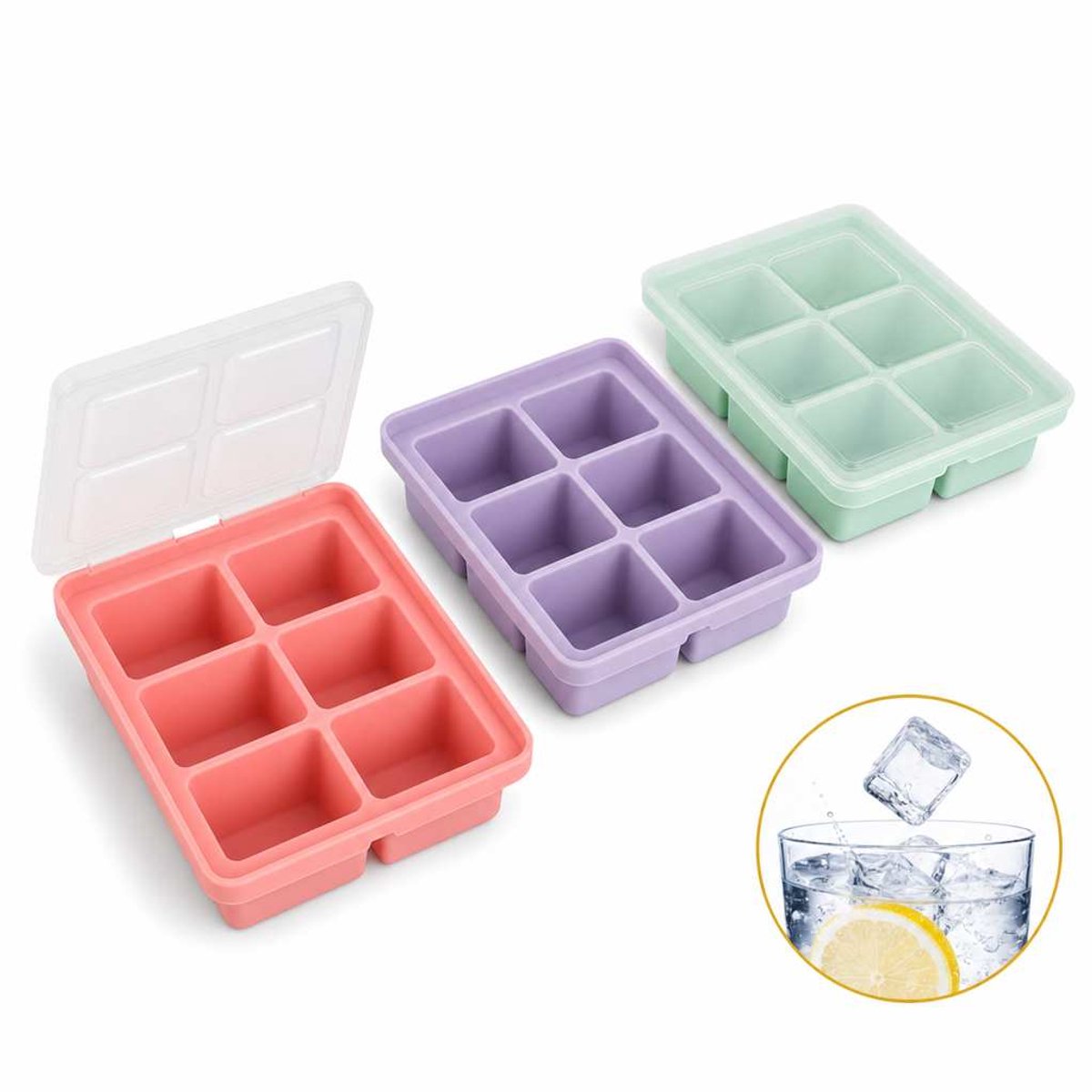 DIVERZA IJsblokjesvorm Set 3 Stuks – Siliconen IJsblokjesvorm met Deksel – 18 IJsblokjes – BPA Vrij – Stapelbaar – Vaatwasserbestendig – Roze, Groen & Paars