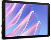 Zilverkleurige Acer tablet, in profiel gezien, met een scherm dat een roze, blauwe en witte abstracte afbeelding toont.