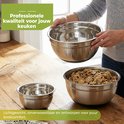 Grote roestvrijstalen mengkom met deksel, vastgehouden door een persoon. Een kleinere kom met deeg staat ernaast.