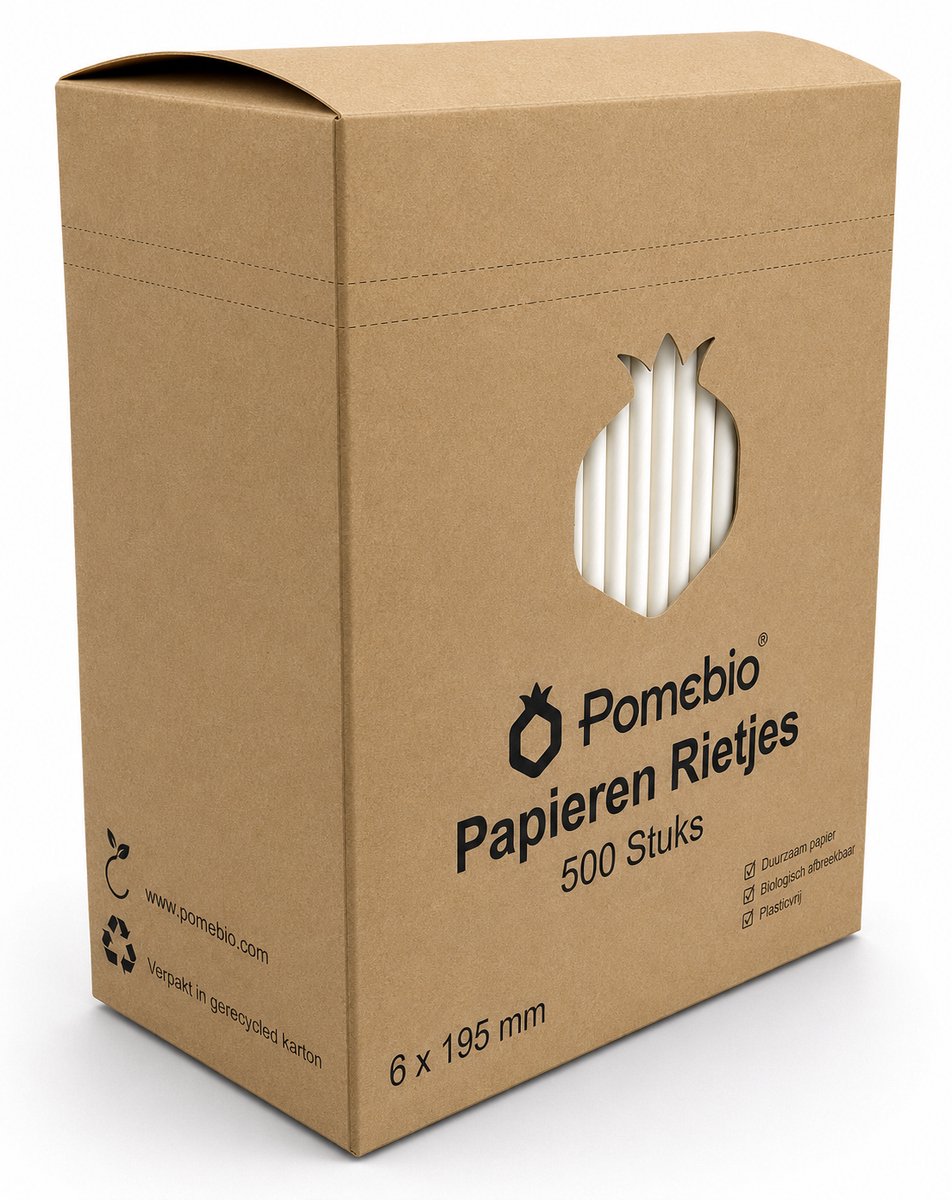 Pomebio papieren rietjes - wit - 6x195 mm - doos à 500 stuks