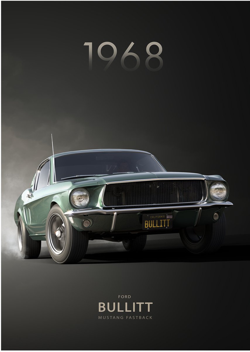 Bullitt Mustang Fastback 1968 - Dibond Wandprint - 50x70 cm - Premium Aluminium Wanddecoratie - Galerij Kwaliteit Kunstdruk - Classic Car