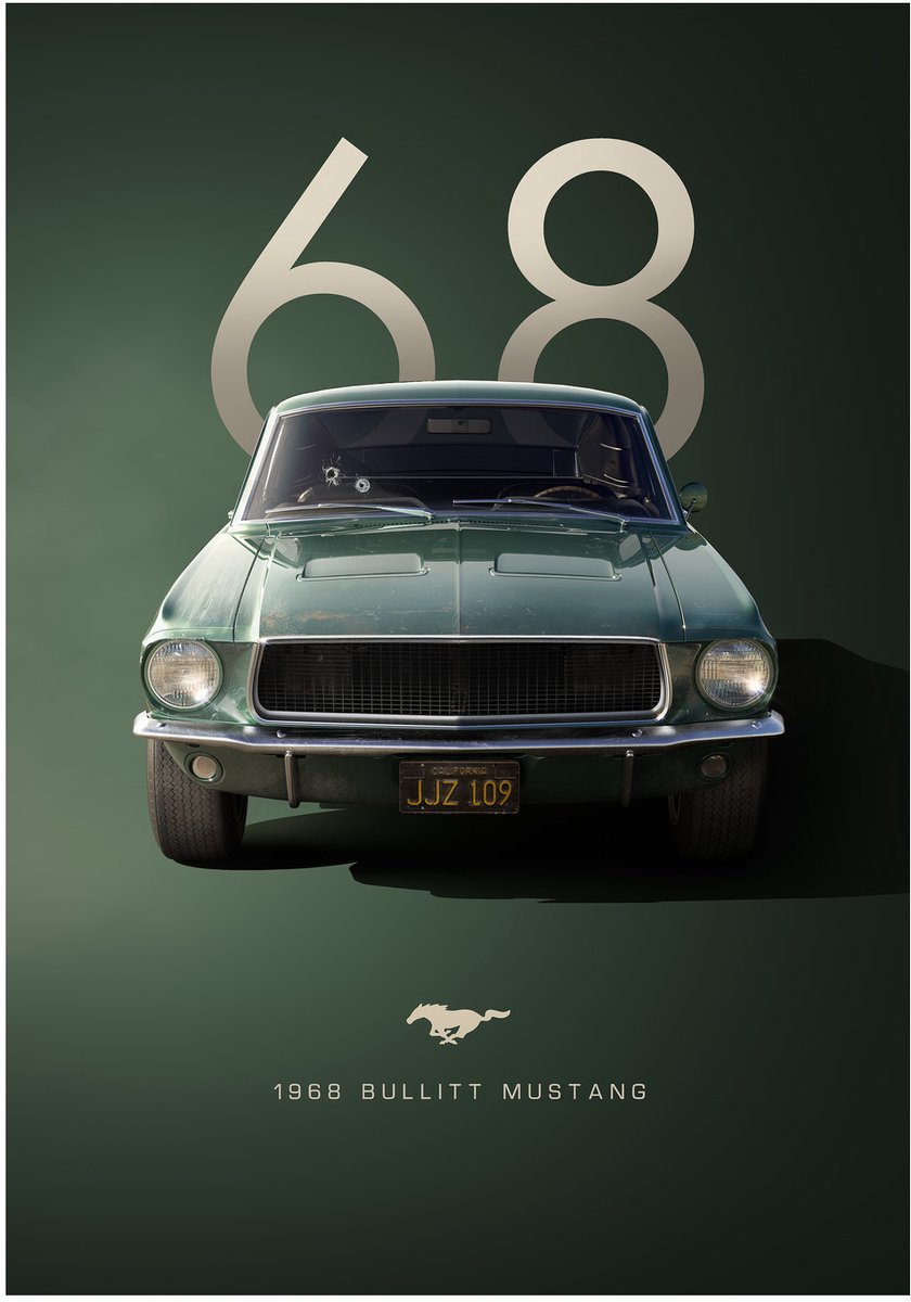 Ford Mustang Bullitt 1968 - Dibond Wandprint - 70x100 cm - Premium Aluminium - Vintage Auto Poster - Galerij Kwaliteit Wanddecoratie - Mustang