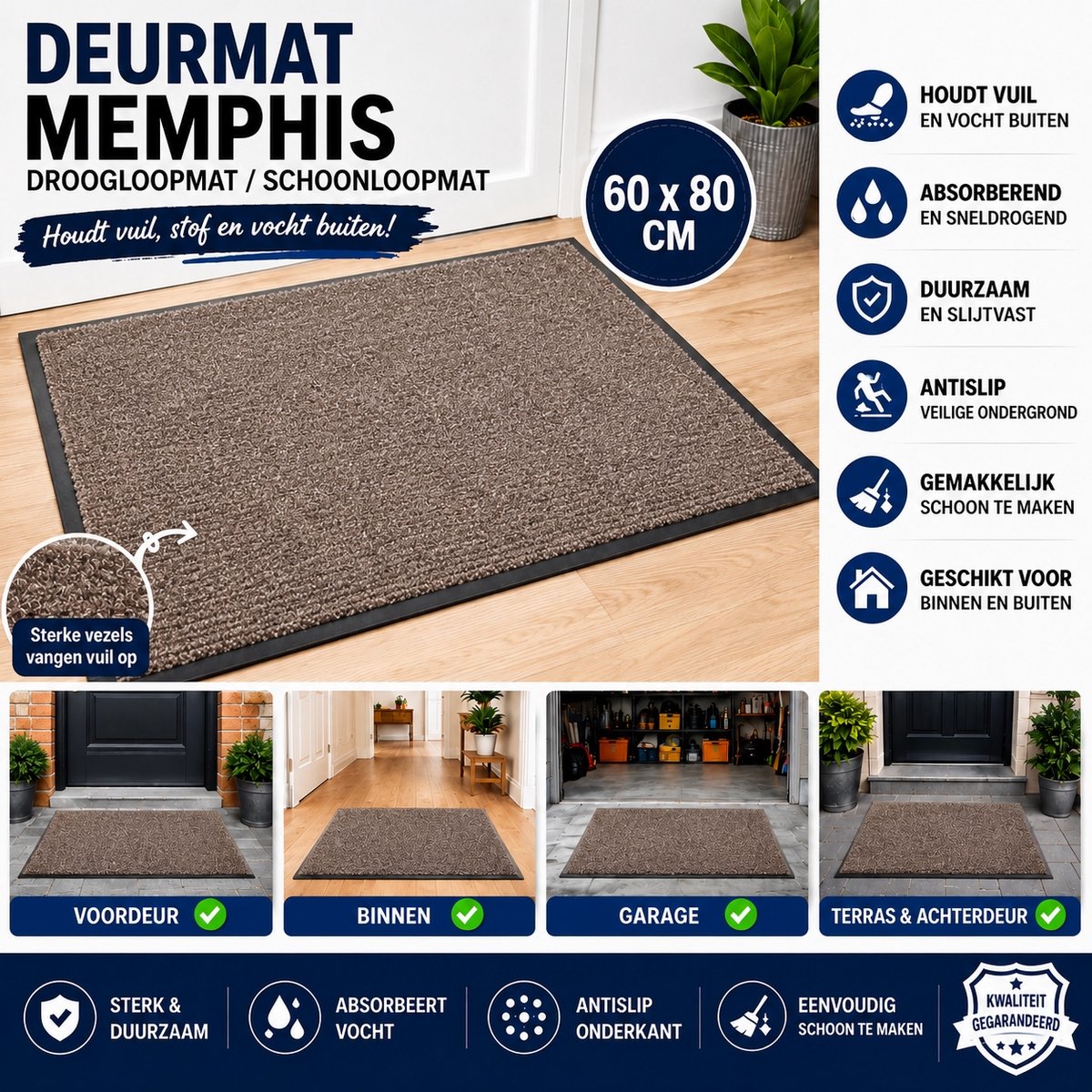 Wicotex - Deurmat - Droogloopmat Memphis Donkergrijs - Afmeting 60x80cm