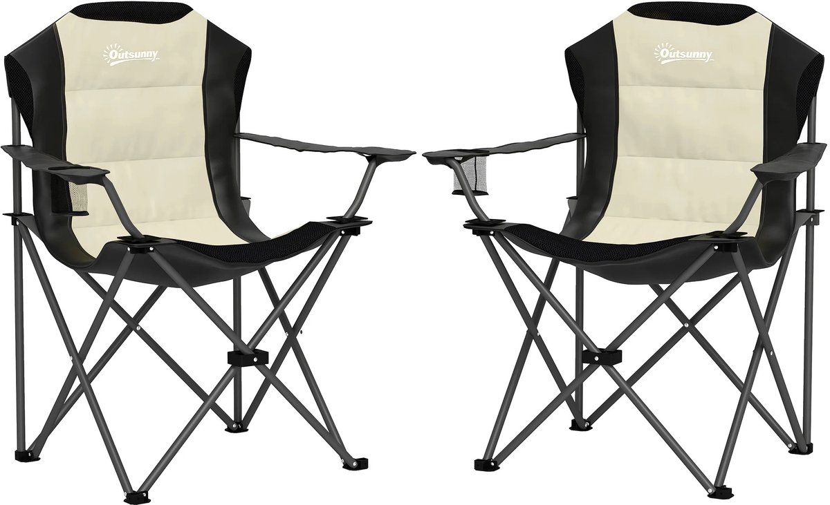 Emvae Campingstoel - Klapstoel - Set van 2 - Hoge Rugleuning 62 cm - Hoge kwaliteit 600D Oxford - Bekerhouder - 120 kg - Crème Wit