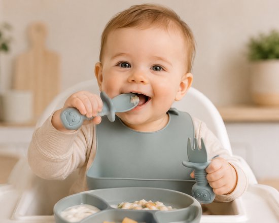 4 Setjes - Siliconen Babybestek - Vork en Lepel - Kinderbestekset Beertjes - Groen Blauw van Merkloos — afbeelding 2