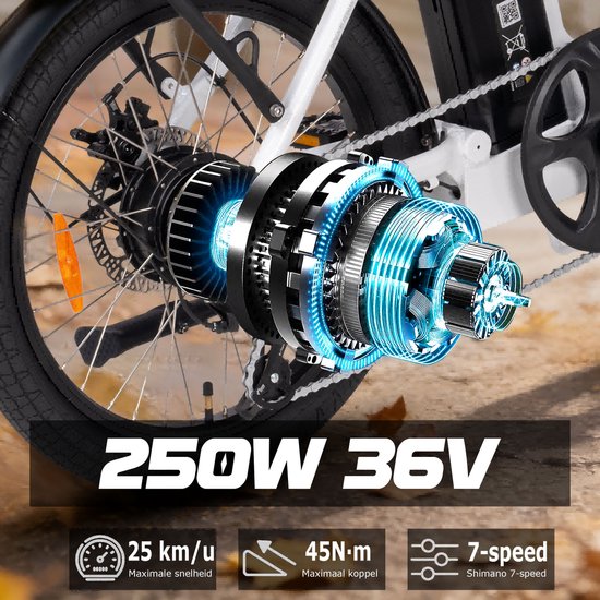 SAXXX Foldi 2.0 - 20 inch opvouwbare elektrische fiets - 36V 460Wh accu - 95% voorgemonteerd - ZOOM mechanische schijfremmen - achterwielmotor - Shimano 7 versnellingen - LCD-display - aluminium frame - kleur-LCD-display- glanzend wit — afbeelding 4