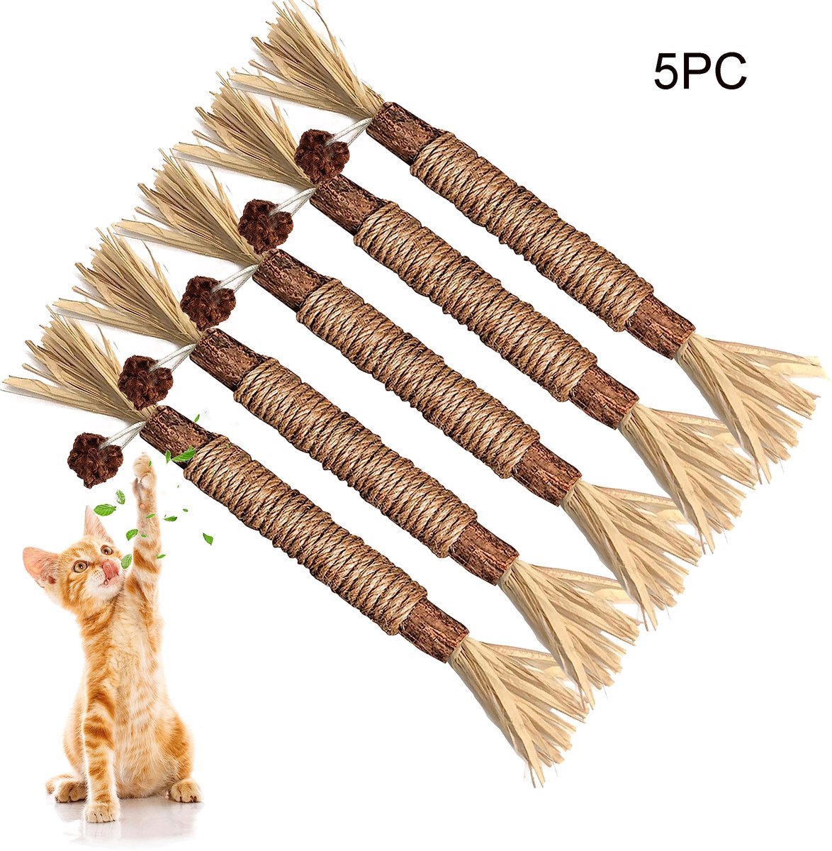 ECTEATOY® Stokjes Voor Katten 5 Stuks - Kauwstokjes - 23 cm lengte - Speelgoed met kattenkruid -- Stokvormig - Kauwspeelgoed voor katten en kittens - Houtkleur