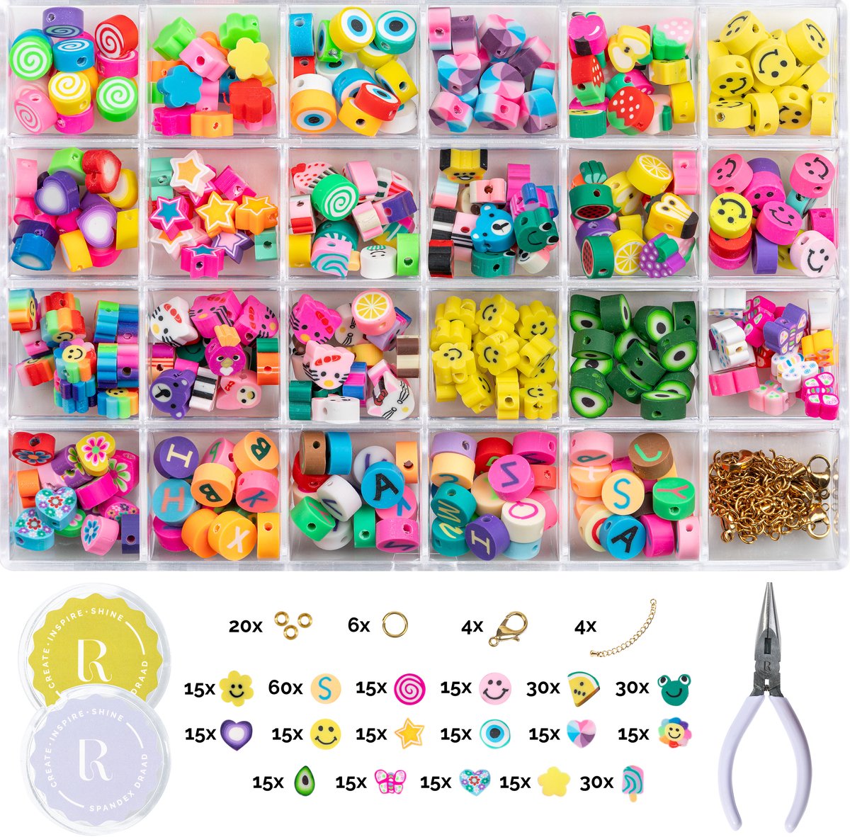Richly® Kralen set Happy - Armbandjes maken meisjes - gratis E-BOOK - Complete set - Gouden RVS-accessoires - Sieraden Maken meisjes - Luxe verpakking - Knutselen Meisjes - Met 17 soorten polymeerkralen - Kralenketting - Bedels - Knutselen meisjes
