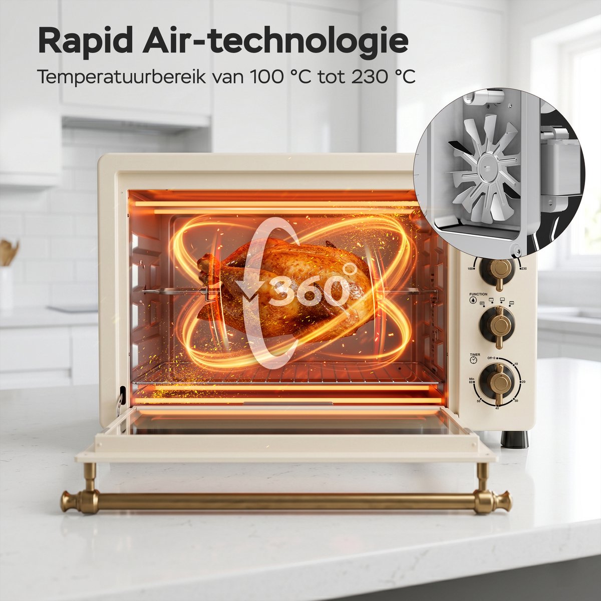 TurboTronic R45 Vrijstaande Oven – Retro Stijl – 45 Liter Mini Oven – 2000W – Inclusief Draaispit en Bakplaten – Beige – foto 7