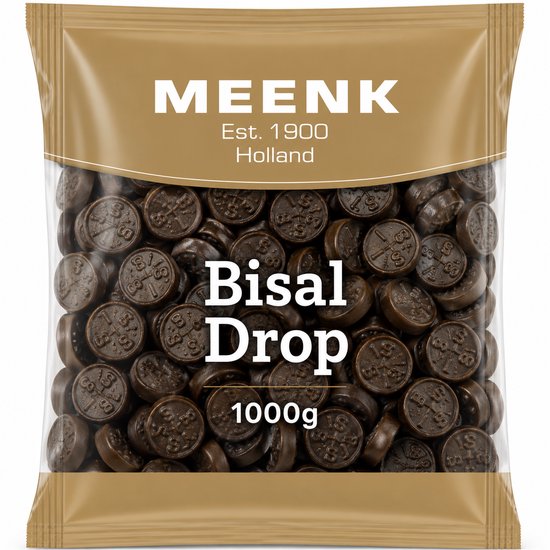 Zak MEENK Bisal Drop, 1000g. Bruine, ronde dropjes met 'SB' opdruk.
