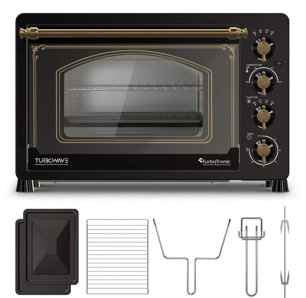 TurboTronic R45 Vrijstaande Oven – Retro Stijl – 45 Liter Mini Oven – 2000W – Inclusief Draaispit en Bakplaten – Zwart