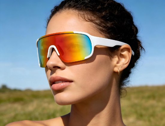 Sport zonnebril - Fietsbril - Buiten sport accessoire - Omrande lens, anti-UV coating, meegeleverde zwarte ritsetui - Kunststof + reflecterende lens - 18×8×2 cm - Geschikt voor hardlopen, fietsen, vissen en honkbal - Wit — afbeelding 3