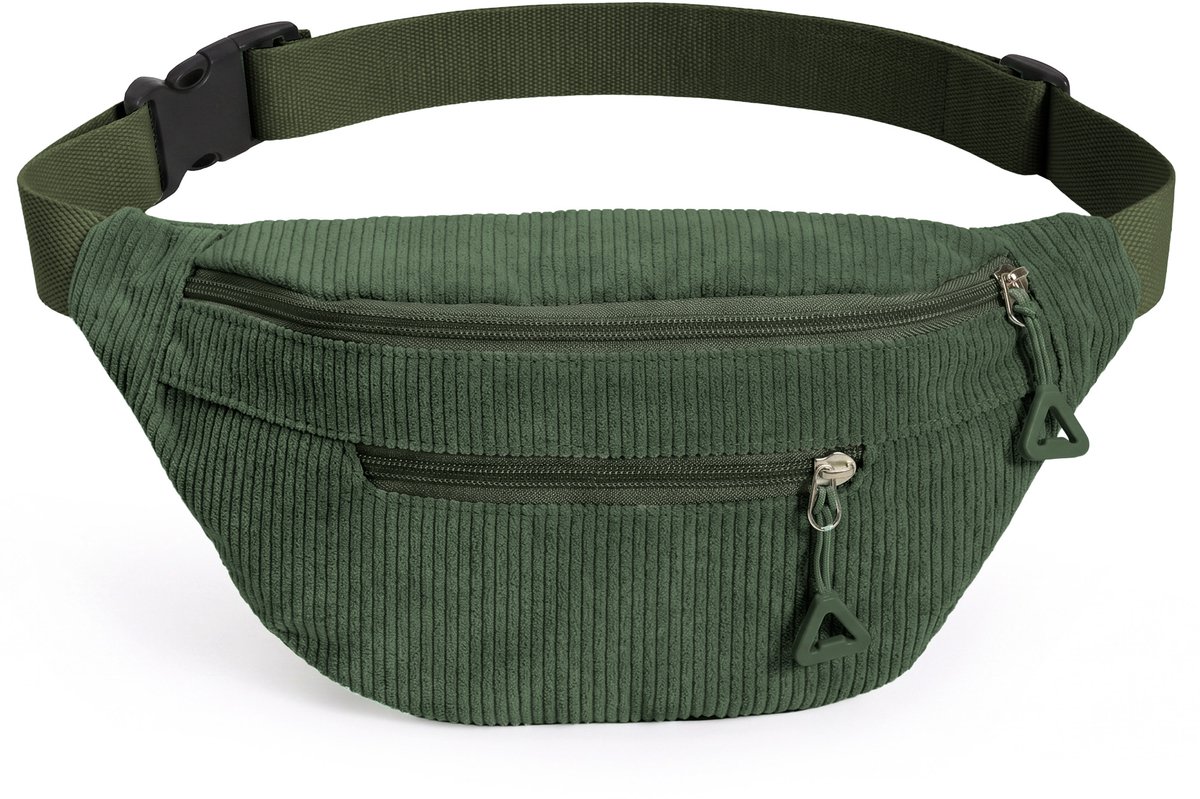 YONO Heuptas Dames - Crossbody Tas - Buiktas van Ribstof - Verstelbare Schoudertas met 2 Ritsvakken - Festival Tasje - Fanny Pack - Donkergroen