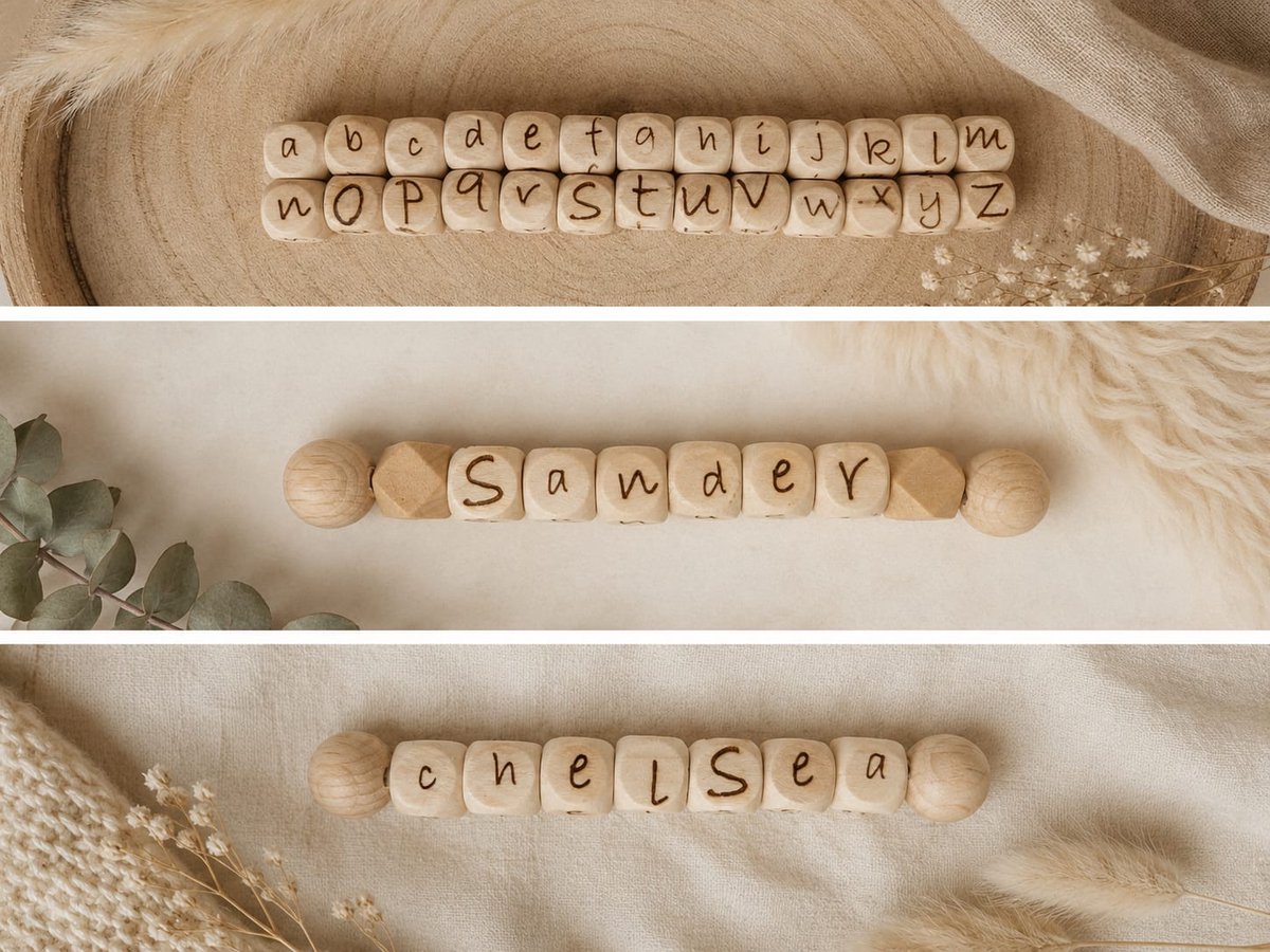 Houten speenkoord met naam | Uniek lettertype | Blank hout | verschilleden clips | unieke uitvoering |speenkoord | tutkoord