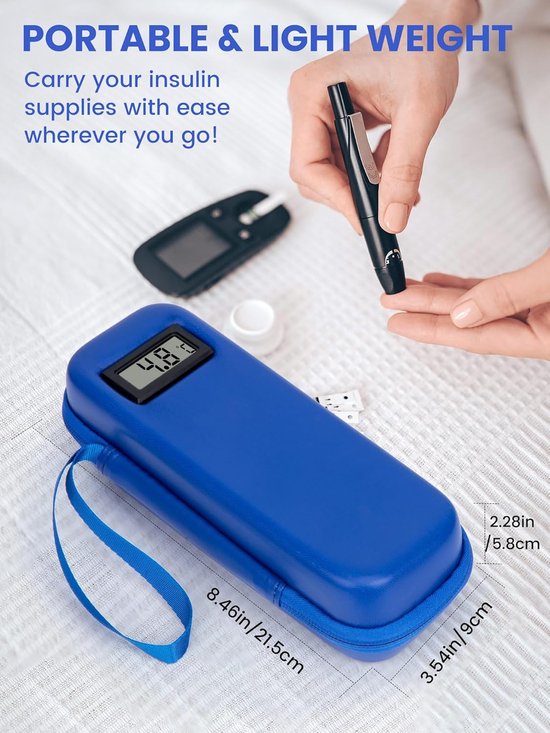 Insuline Koeltas met 2 Koelelementen - Met °C Temperatuurweergave - Diabetes Koeltas - Insulinepennen koeltas - Diabetische Reistas - Insuline Etui - Koelbox - Koeltasje Voor Op Reis - Koeltas voor Insulinespuit - Koelt Medicatie 6-8 uur lang - Blauw — afbeelding 2