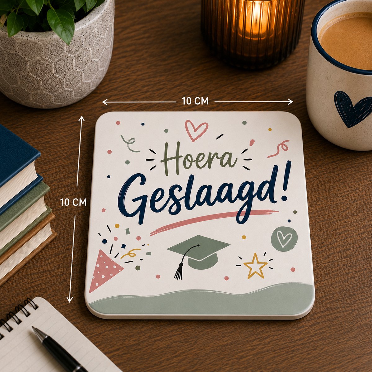 Hoera Geslaagd Onderzetter 10x10 cm – Geslaagd Cadeau – Diploma & Examen Cadeautje