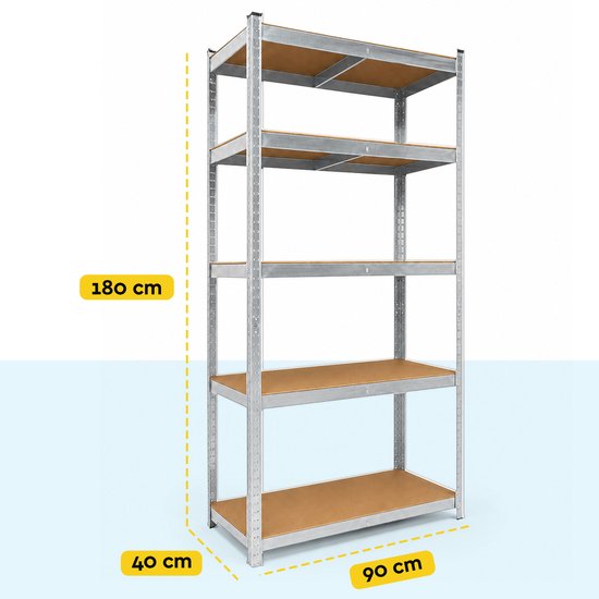 Afmetingen van een zilverkleurige stellingkast: 180 cm hoog, 90 cm breed en 40 cm diep.