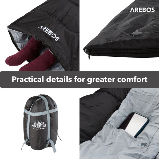 AREBOS Slaapzak 220 x 83 cm 5-25°C Lichtgewicht Camping Outdoor Reizen Zwart van AREBOS — afbeelding 3