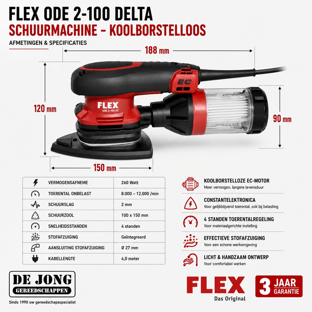 FLEX ODE 2-100 Delta Schuurmachine - Koolborstelloos - Met stofafzuiging - Excentrisch roterend - Lichtgewicht behuizing - Regelbaar toerental - Klittenband schuurpad - Zachte aanloop - Herstartbeveiliging – foto 2