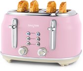 Roze Salter broodrooster met 4 sneetjes getoast brood, chromen details en beige voet.