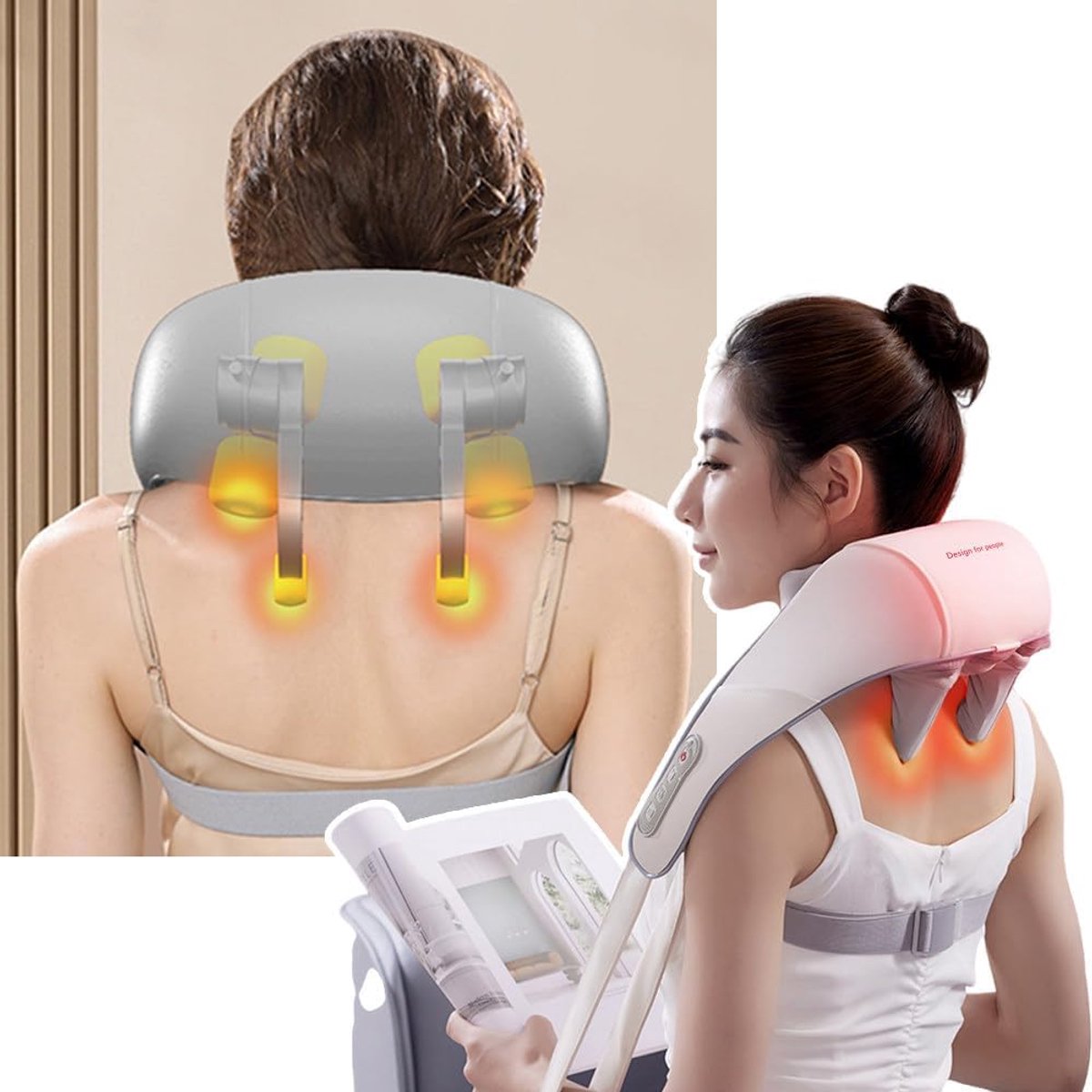 Nek Massager - Draagbare Stimulator - Spierontspanning - Met Warmtefunctie - 6 Massagekoppen - Wit