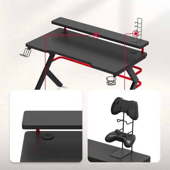 Gaming Bureau - Werkstation Tafel - Comfortabel Werken - Monitoropzetstuk - 120 x 60 cm - Rood — afbeelding 5