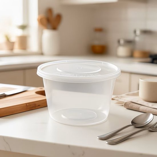 Transparante plastic beker met deksel op een aanrecht.