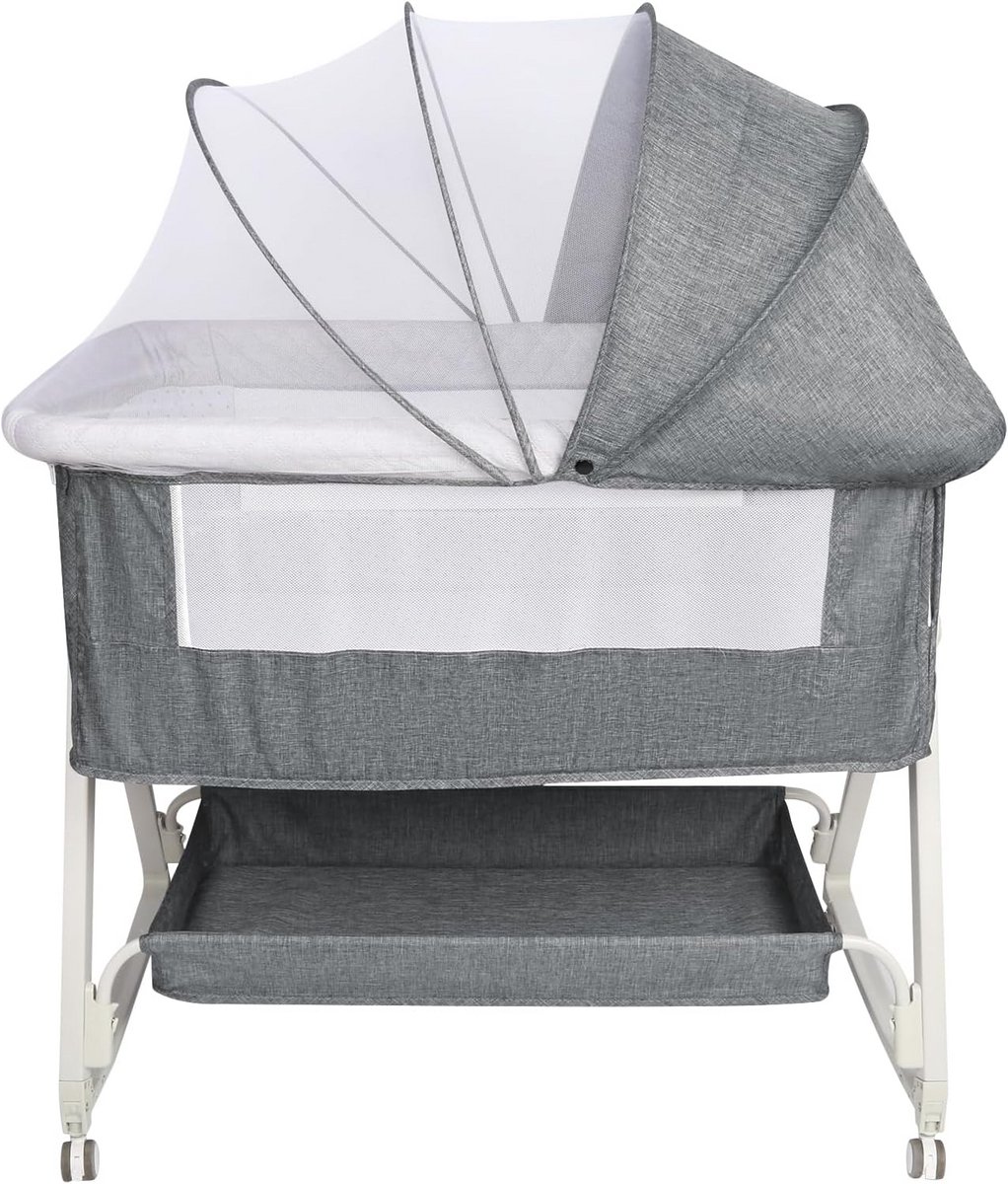Babybedje met matras - Reiswieg - Samen slapen - 6-traps hoogteverstelling - 92x52 cm - Linnengrijs