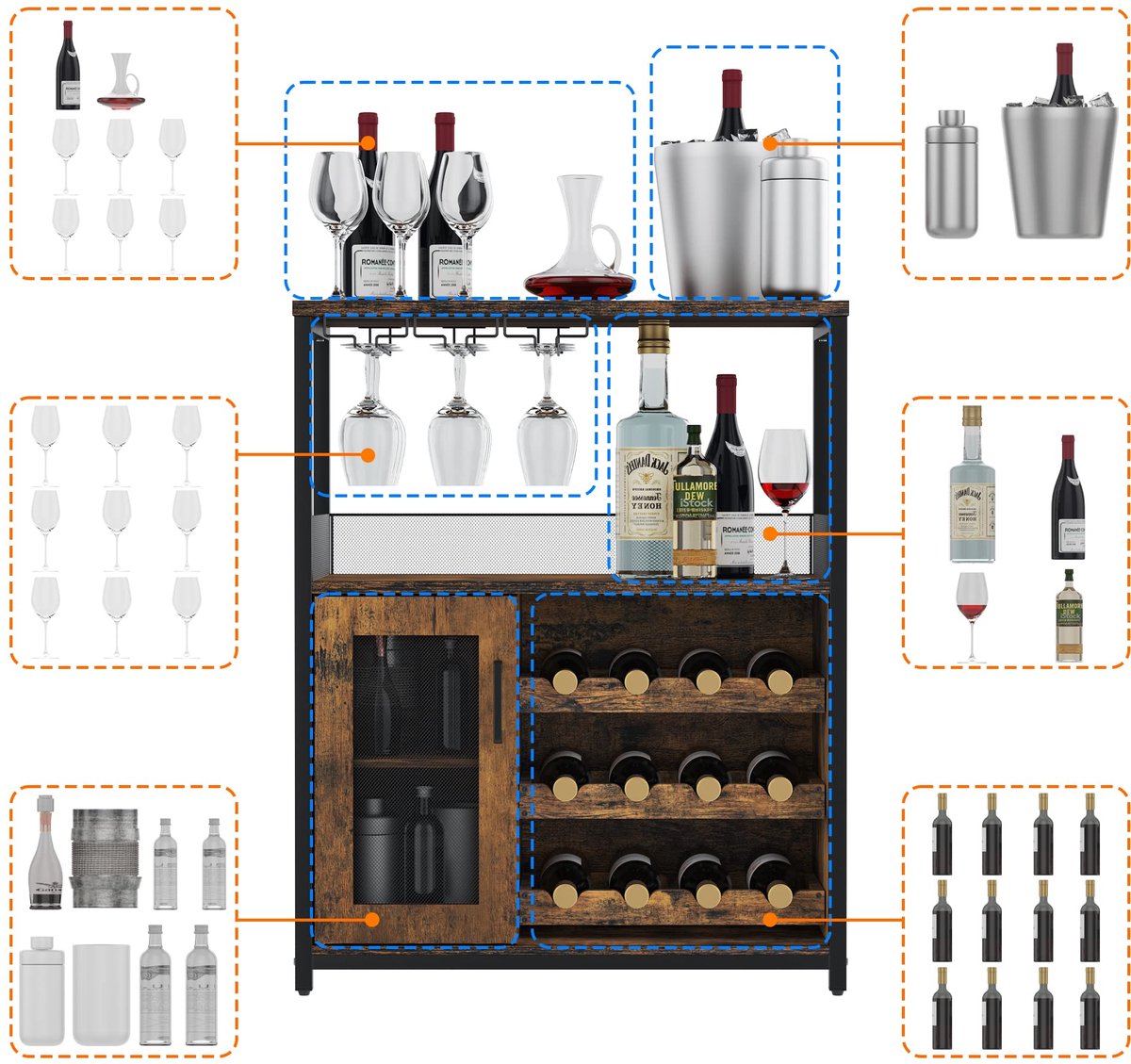 Triumpunpre Wijnkast - Vrijstaande Bar Kast met Wijnrek voor 16 Flessen, Glashouder en Mesh Deur - 72x35x90 cm - Wijnkabinet met Verstelbare Schappen - Retro Stijl Wijnmeubel voor Woonkamer, Keuken, Eetkamer – foto 6