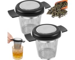 2-pack theefilter voor losse thee, roestvrijstalen fijnmazige thezeef met deksel en hittebestendige handvaten, theebereider met grote capaciteit voor theepot, kop of mok – vaatwasmachinebestendig
