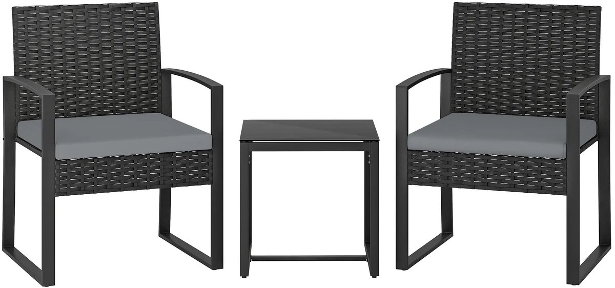 Questyr - 3‑Delige Tuinset – Lichtgrijs – PE‑Rotan – 2 Stoelen met Kussens + Glazen Tafel – Weerbestendig Bistroset voor Tuin & Balkon