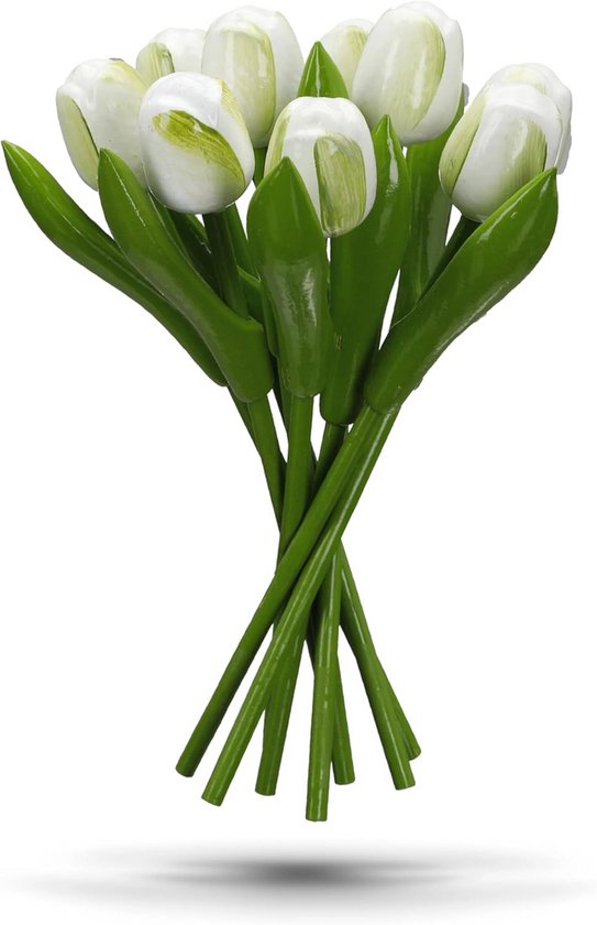 Houten Tulp Boeket - Kunstbloemen Decoratie - Huis Opfleuren - Handgeschilderd Nederland - 20 cm Hoog - Wit Groen