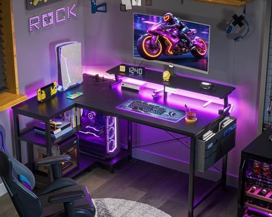 Gamingbureau 40 inch met USB-stopcontacten en LED-verlichting - Omkeerbaar L-vormig Computerbureau voor Thuiskantoor met Opbergplanken en Monitorstandaard — afbeelding 4