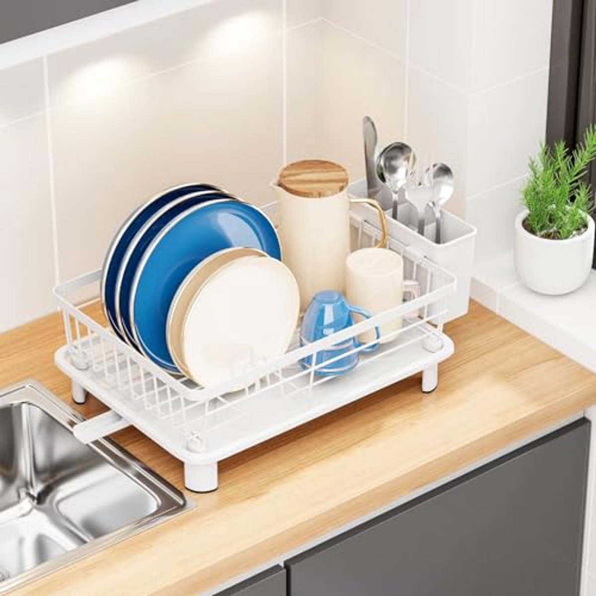 Afdruiprek met lekbak - Afdruiprek met Bestekhouder – 2-in-1 rvs Afwasrek voor Borden, Kommen en Glazen – Compact Droogrek voor Aanrecht – Wit