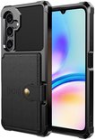 Zwarte telefoonhoes met portemonnee-functie en een magnetische sluiting.