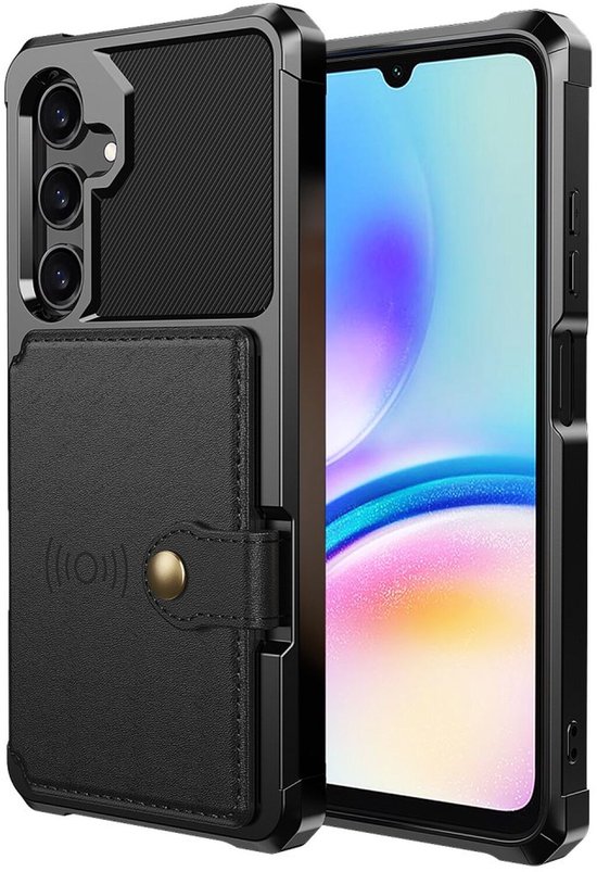 Zwarte telefoonhoes met portemonnee-functie en een magnetische sluiting.