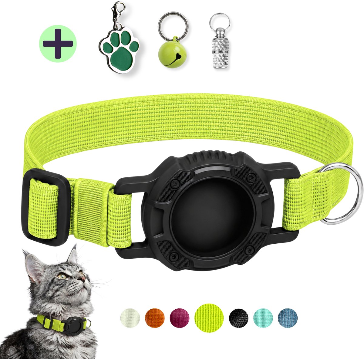 WHISKERZ® CORE Veilige Elastische Kattenhalsband met Tag Houder - Geschikt Voor Apple AirTag - Groen/Limoengroen - Anti Kras, Rekbaar, Verstelbaar en Lichtgewicht - Inclusief Adreskoker en Belletje - Halsband voor Kat