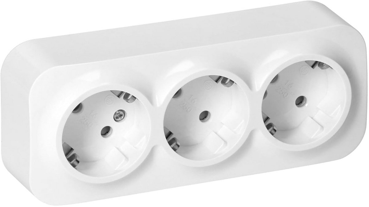 Drievoudig Opbouw Stopcontact Wit - Oppervlaktecontactdoos 16A/230V IP20 met Glanzende Afwerking