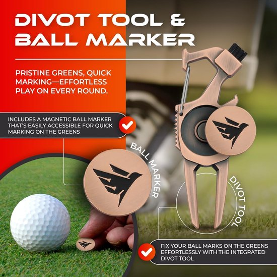 Golf Divot Tool - Pitch Mark Reparatie - Baanonderhoud - 7-in-1 Functies - One Size - Antiek Koper — afbeelding 3